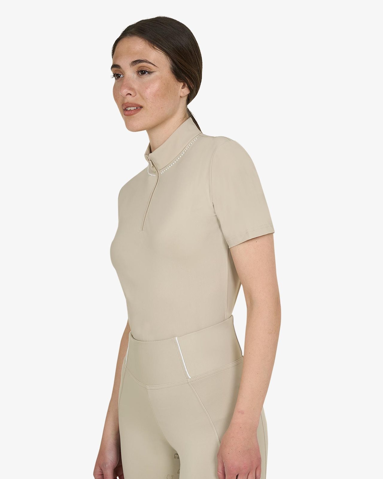Polo training donna slim fit con zip e perline sul colletto
