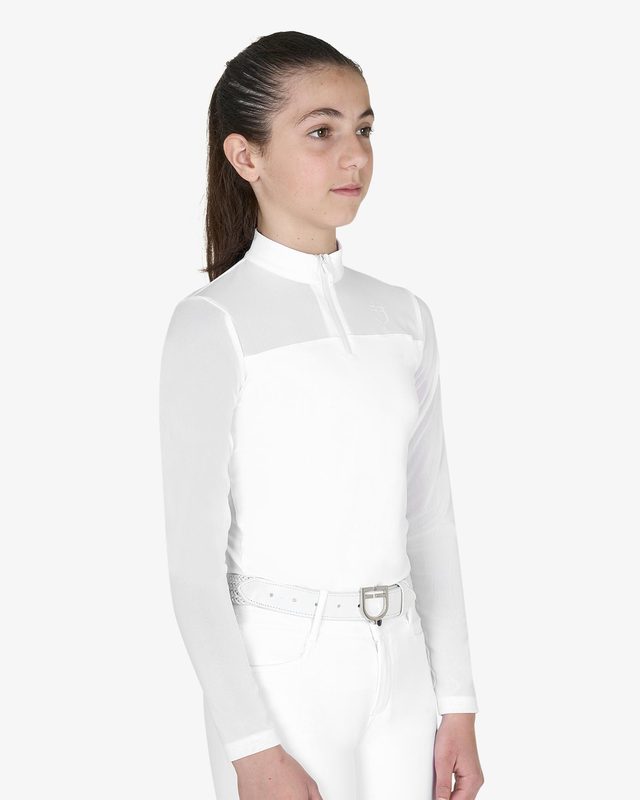 Girls' long-sleeved competition polo shirt with micro-mesh inserts