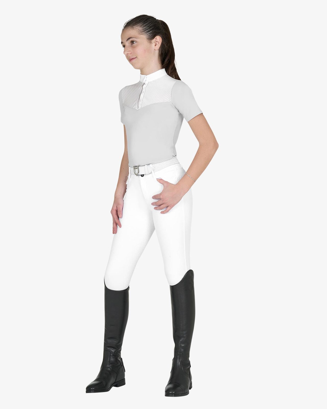 Polo concorso bambina slim fit con inserti in tessuto simil seta