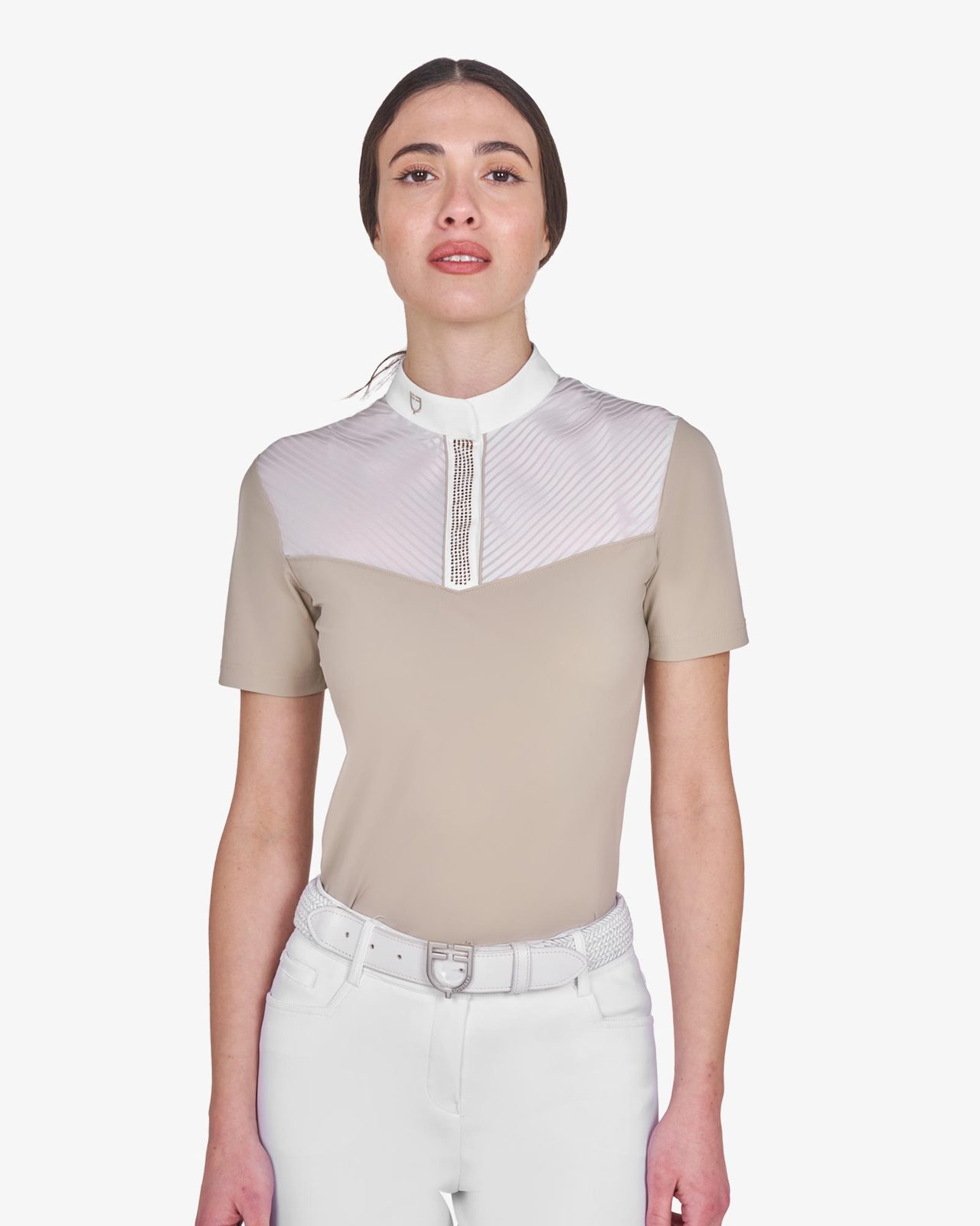 Polo concorso donna slim fit con inserti in tessuto simil seta
