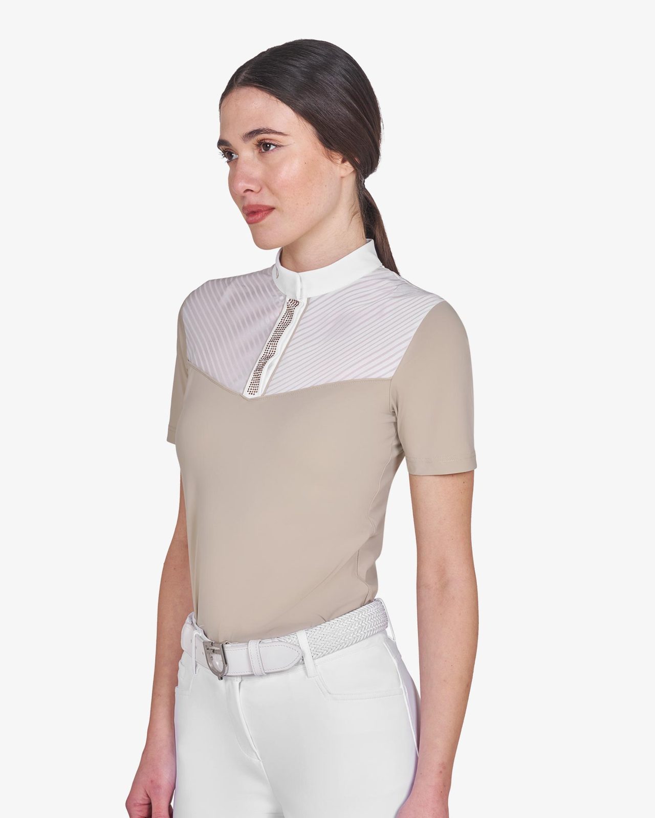 Polo concorso donna slim fit con inserti in tessuto simil seta