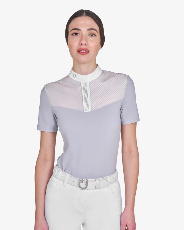 Women's slim fit competition polo shirt with silk-like fabric inserts