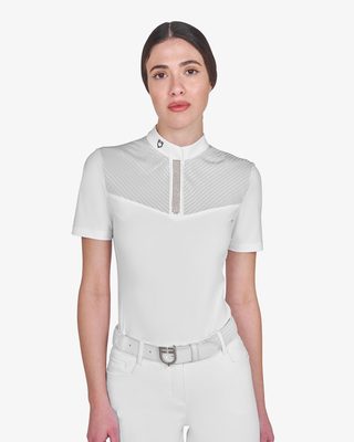 Polo concorso donna slim fit con inserti in tessuto simil seta