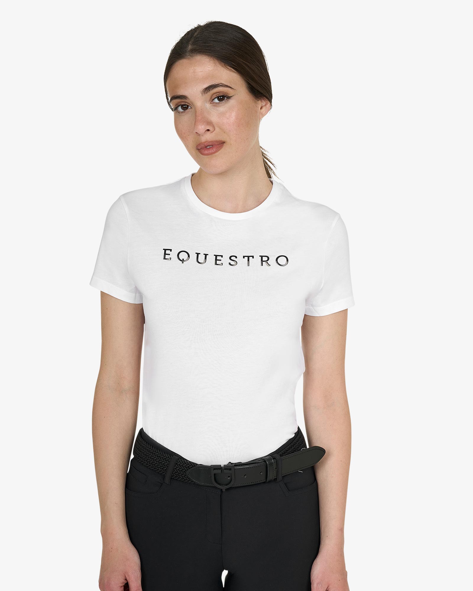 T-shirt donna in cotone logo laminato