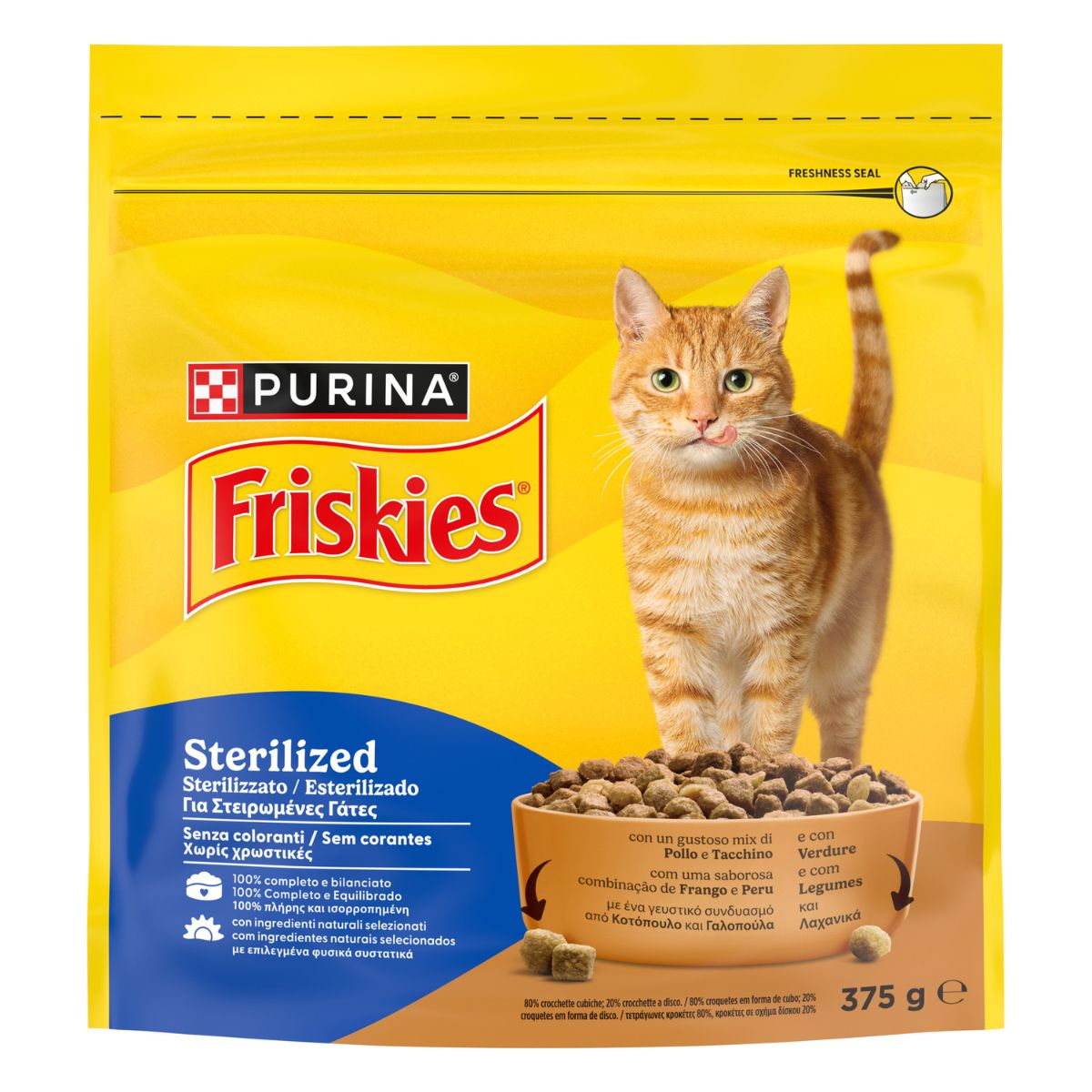 PURINA FRISKIES® Sterilized crocchette per gatti adulti sterilizzati con un gustoso mix di Pollo e Tacchino e con Verdure in confezione da 375g