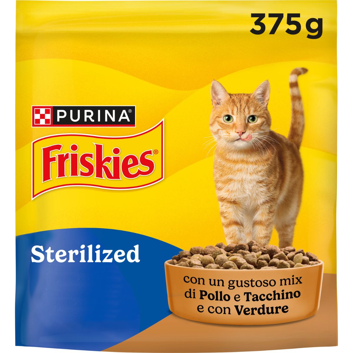 PURINA FRISKIES® Sterilized crocchette per gatti adulti sterilizzati con un gustoso mix di Pollo e Tacchino e con Verdure in confezione da 375g