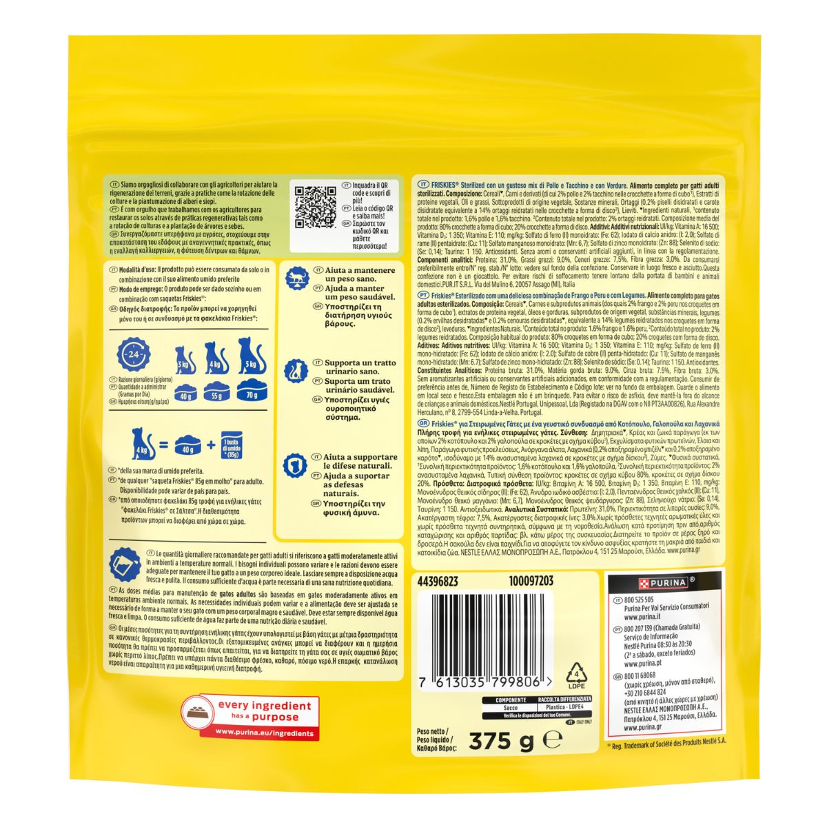 PURINA FRISKIES® Sterilized crocchette per gatti adulti sterilizzati con un gustoso mix di Pollo e Tacchino e con Verdure in confezione da 375g