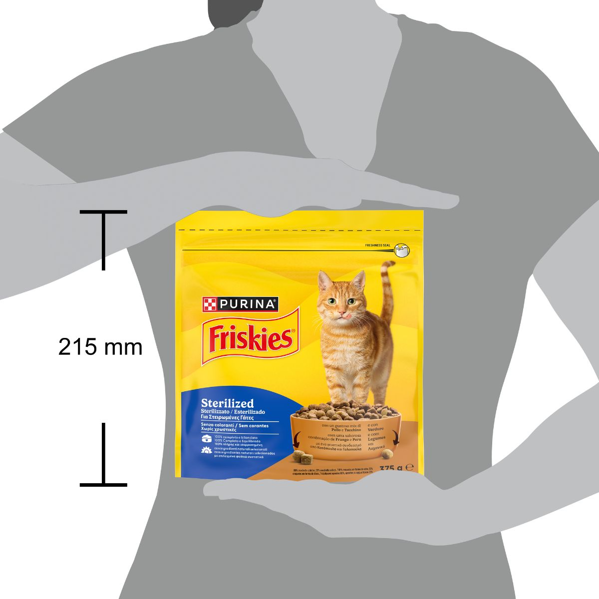 PURINA FRISKIES® Sterilized crocchette per gatti adulti sterilizzati con un gustoso mix di Pollo e Tacchino e con Verdure in confezione da 375g
