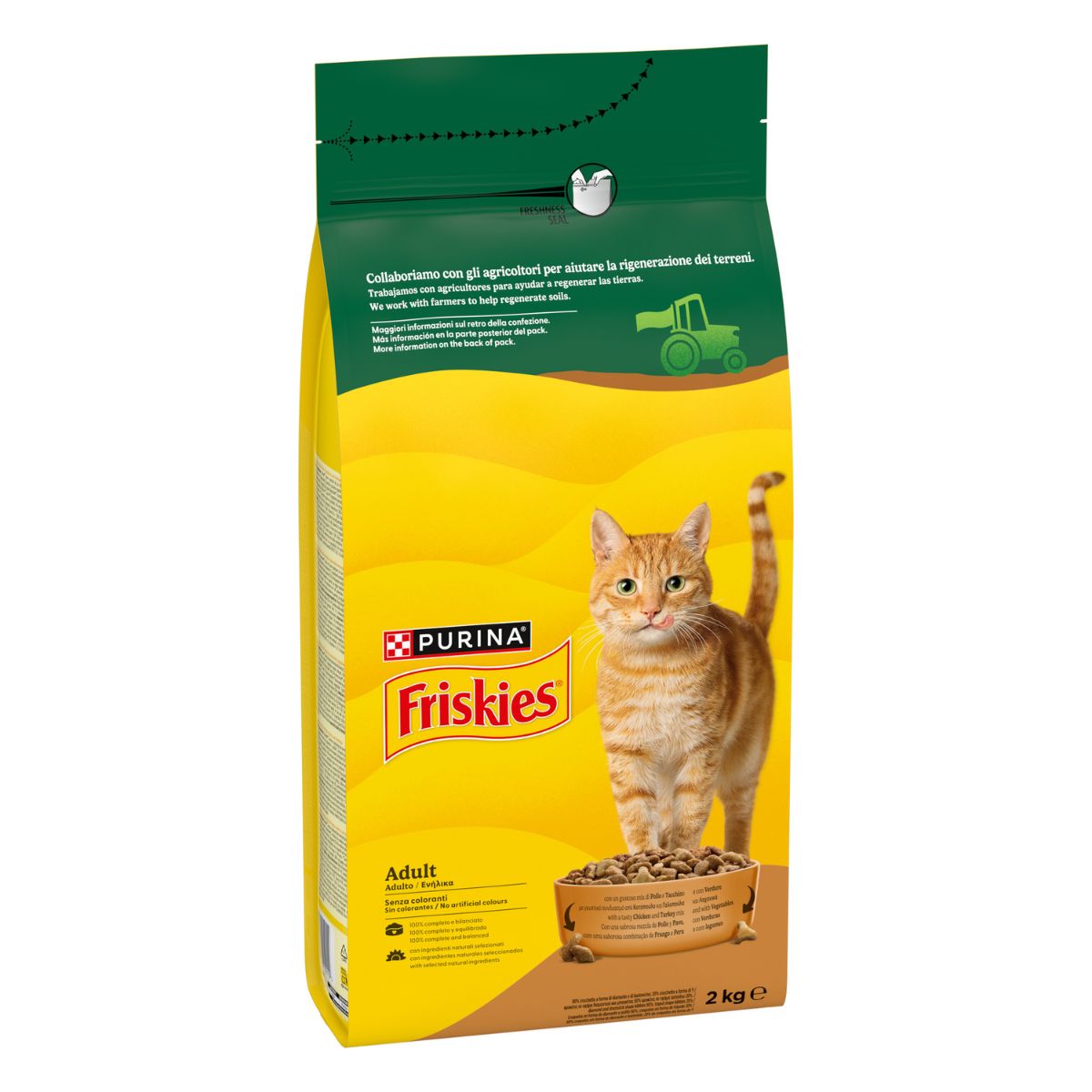 PURINA FRISKIES® Adult con un gustoso mix di Pollo e Tacchino e con Verdure in confezione da 2kg