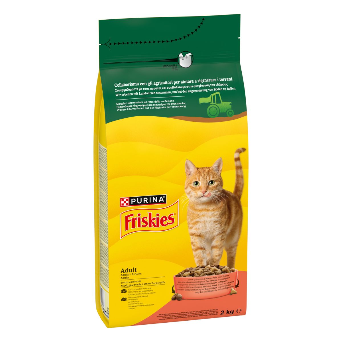 PURINA FRISKIES® Adult con un gustoso mix di Manzo e Pollo e con Verdure in confezione da 2kg