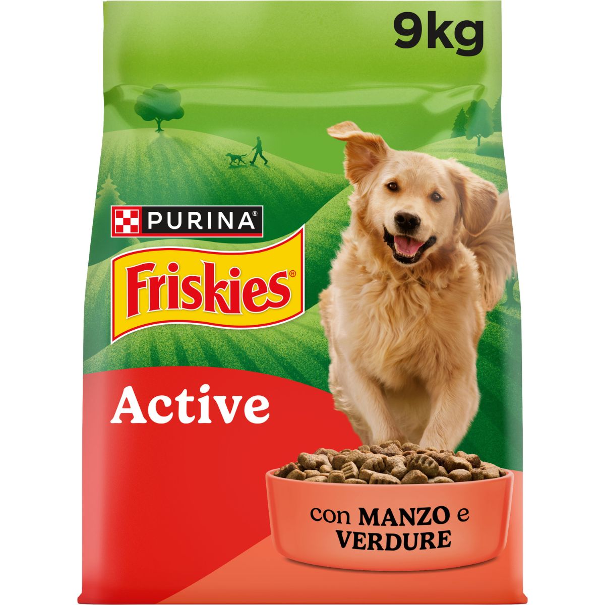 Purina® Friskies® Active crocchette per cani con manzo e verdure in confezione da 9kg
