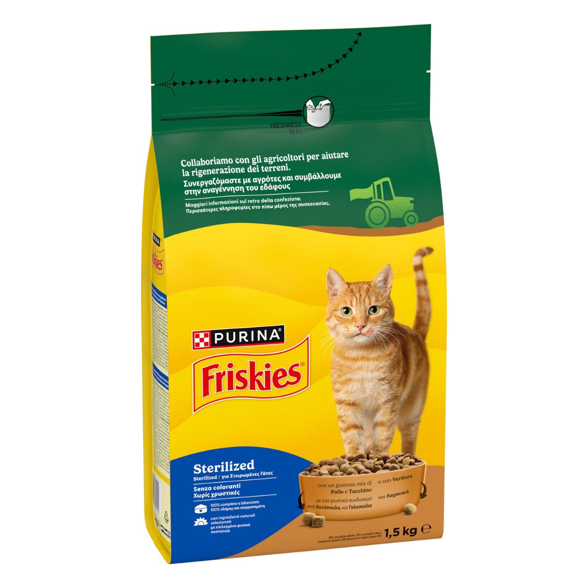 PURINA FRISKIES® Sterilized crocchette per gatti adulti sterilizzati con un gustoso mix di Pollo e Tacchino e con Verdure in confezione da 1,5kg