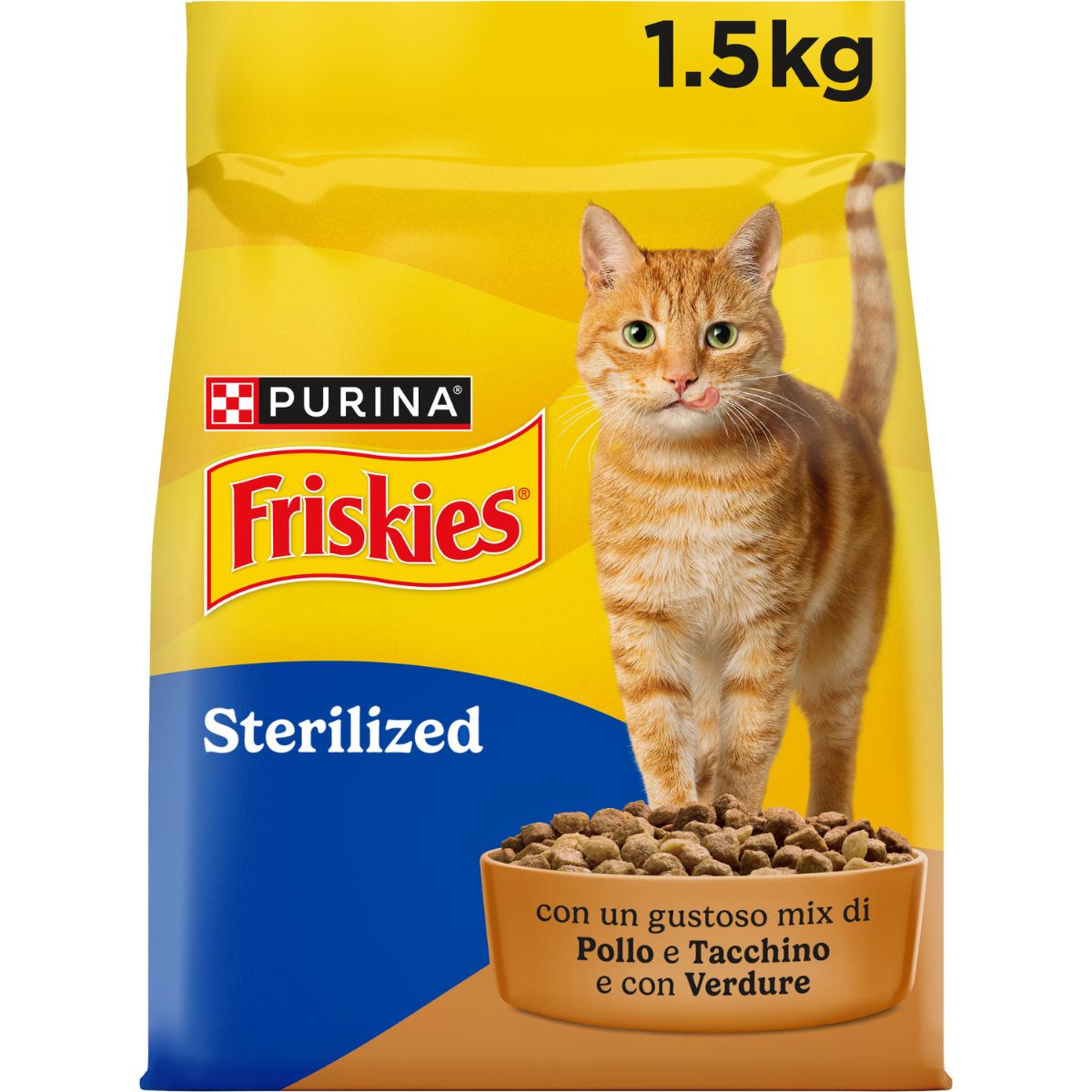 PURINA FRISKIES® Sterilized crocchette per gatti adulti sterilizzati con un gustoso mix di Pollo e Tacchino e con Verdure in confezione da 1,5kg