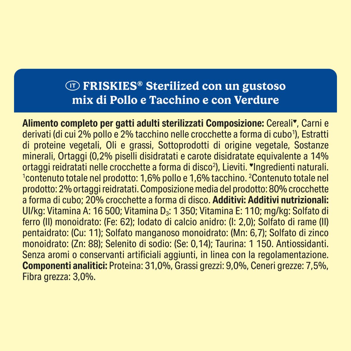 PURINA FRISKIES® Sterilized crocchette per gatti adulti sterilizzati con un gustoso mix di Pollo e Tacchino e con Verdure in confezione da 1,5kg