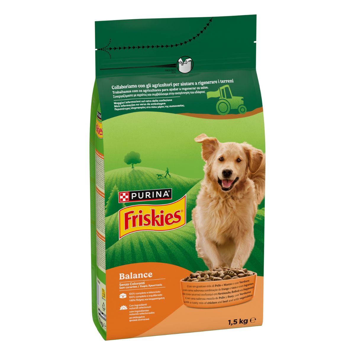 PURINA FRISKIES® Balance crocchette per cani adulti con un gustoso mix di Pollo e Manzo e con Verdure in confezione da 1,5kg