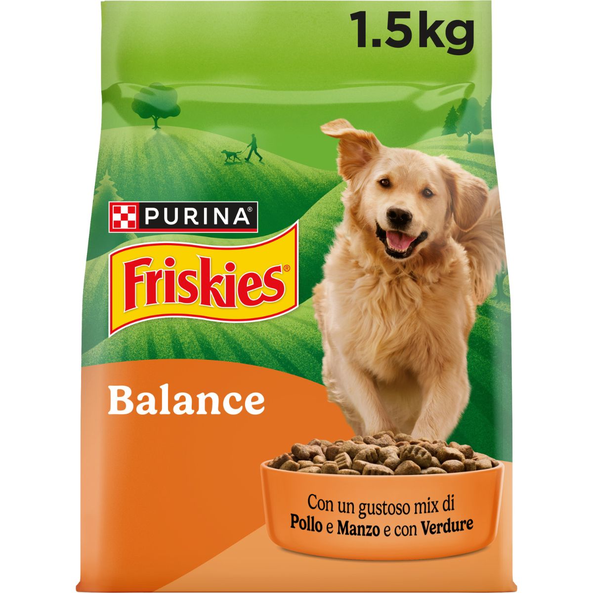 PURINA FRISKIES® Balance crocchette per cani adulti con un gustoso mix di Pollo e Manzo e con Verdure in confezione da 1,5kg