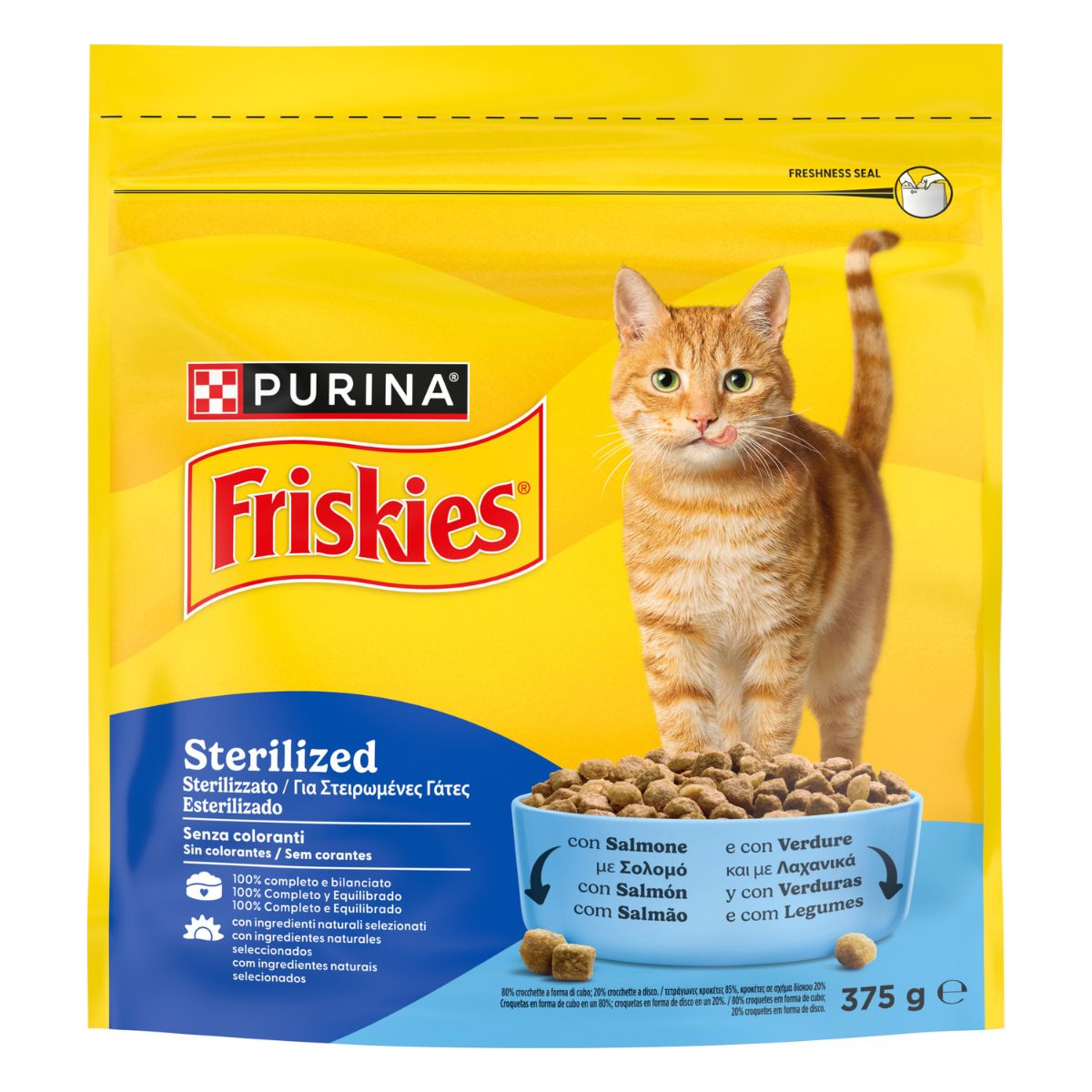 PURINA FRISKIES® Sterilized crocchette per gatti adulti sterilizzati con Salmone e con Verdure in confezione da 375g