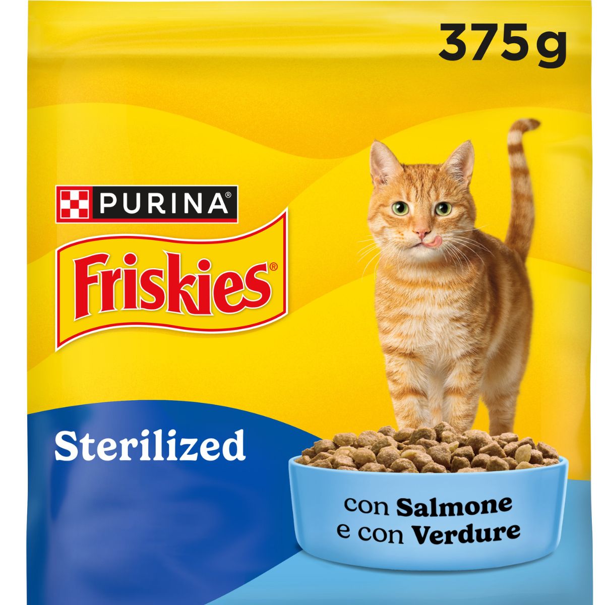 PURINA FRISKIES® Sterilized crocchette per gatti adulti sterilizzati con Salmone e con Verdure in confezione da 375g