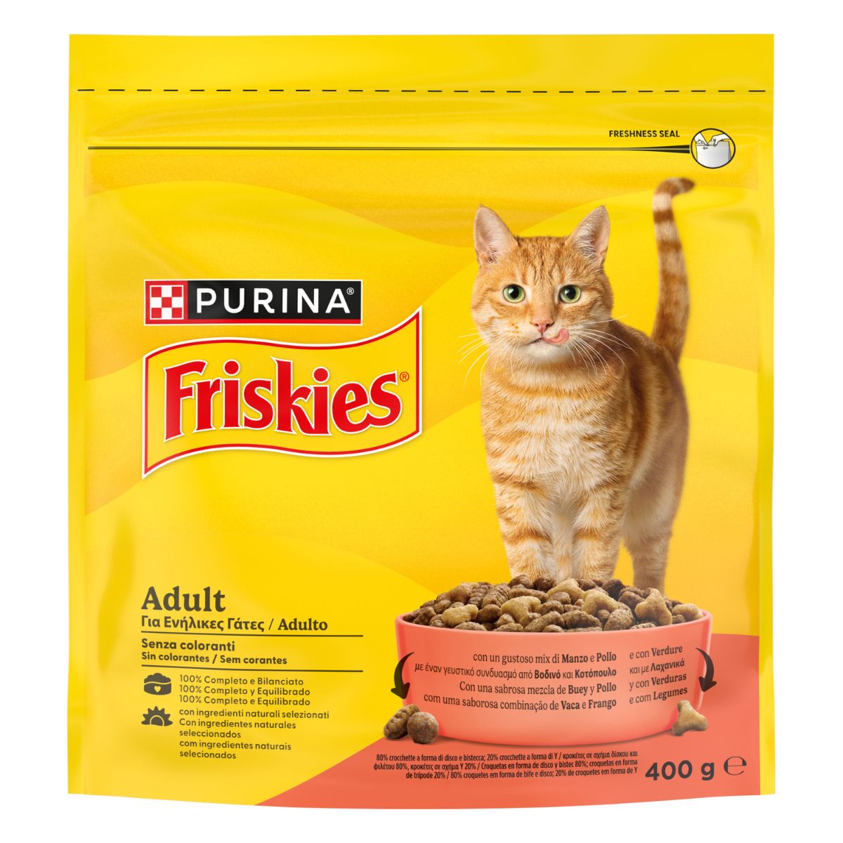Purina Friskies® Adult con un gustoso mix di Manzo e Pollo e con Verdure in confezione da 400g
