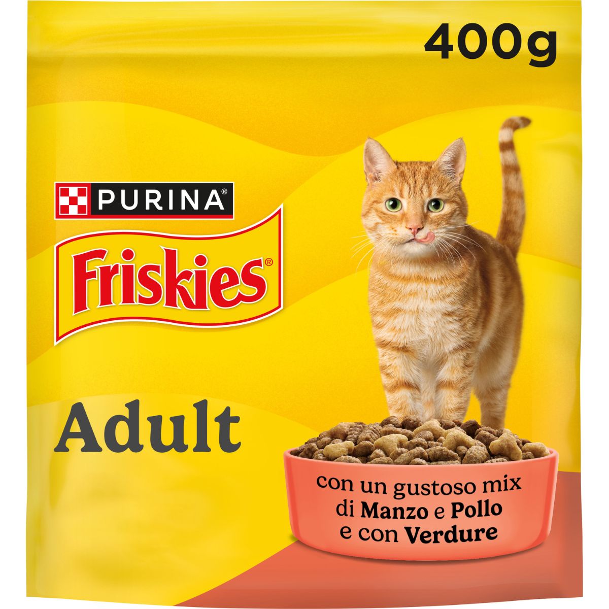 Purina Friskies® Adult con un gustoso mix di Manzo e Pollo e con Verdure in confezione da 400g