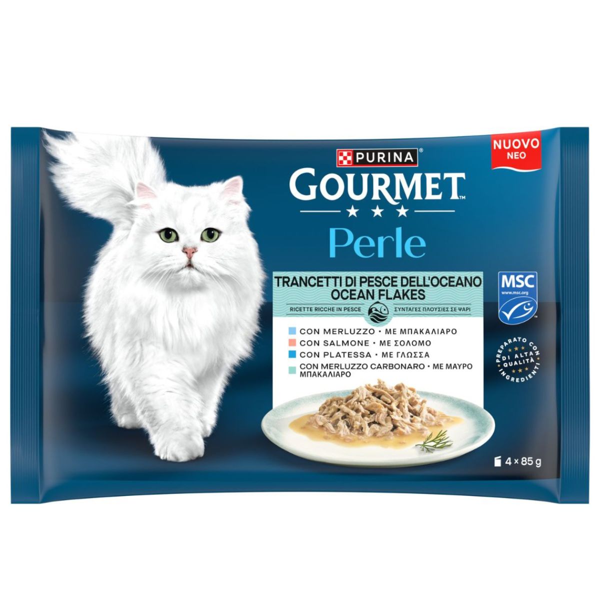 GOURMET PERLE 4x85g Trancetti Pesce dell'Oceano  (Salmone / Merluzzo / Platessa / Merluzzo Carbonaro)