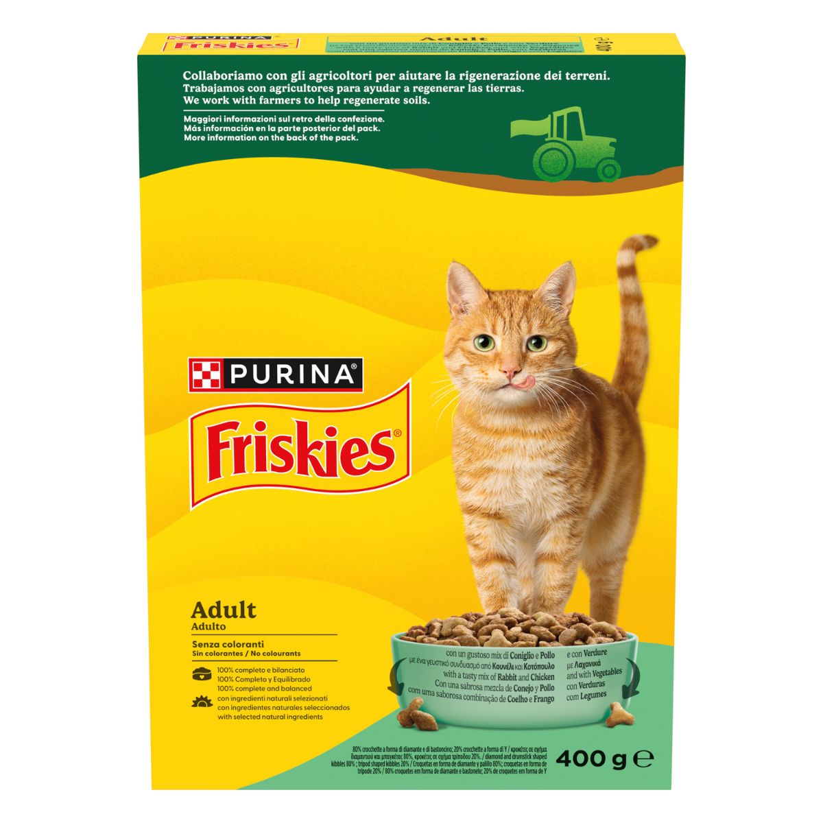 PURINA FRISKIES® Adult con un gustoso mix di Coniglio e Pollo e con Verdure in scatola di cartone da 400g