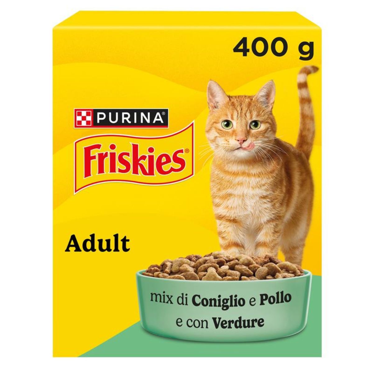 PURINA FRISKIES® Adult con un gustoso mix di Coniglio e Pollo e con Verdure in scatola di cartone da 400g
