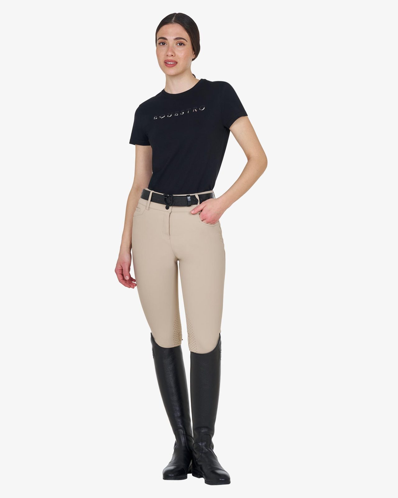 Pantaloni donna a vita alta logo in strass
