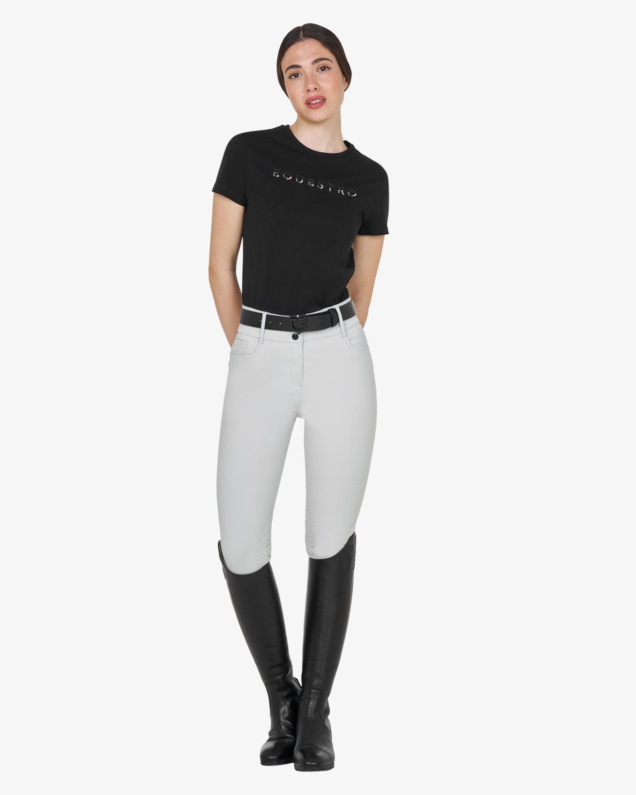 Pantaloni donna a vita alta logo in strass