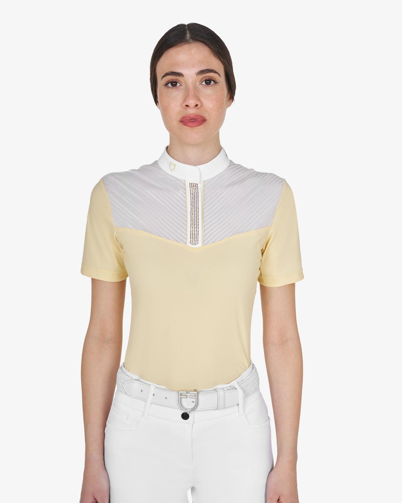 Polo concorso donna slim fit con inserti in tessuto simil seta