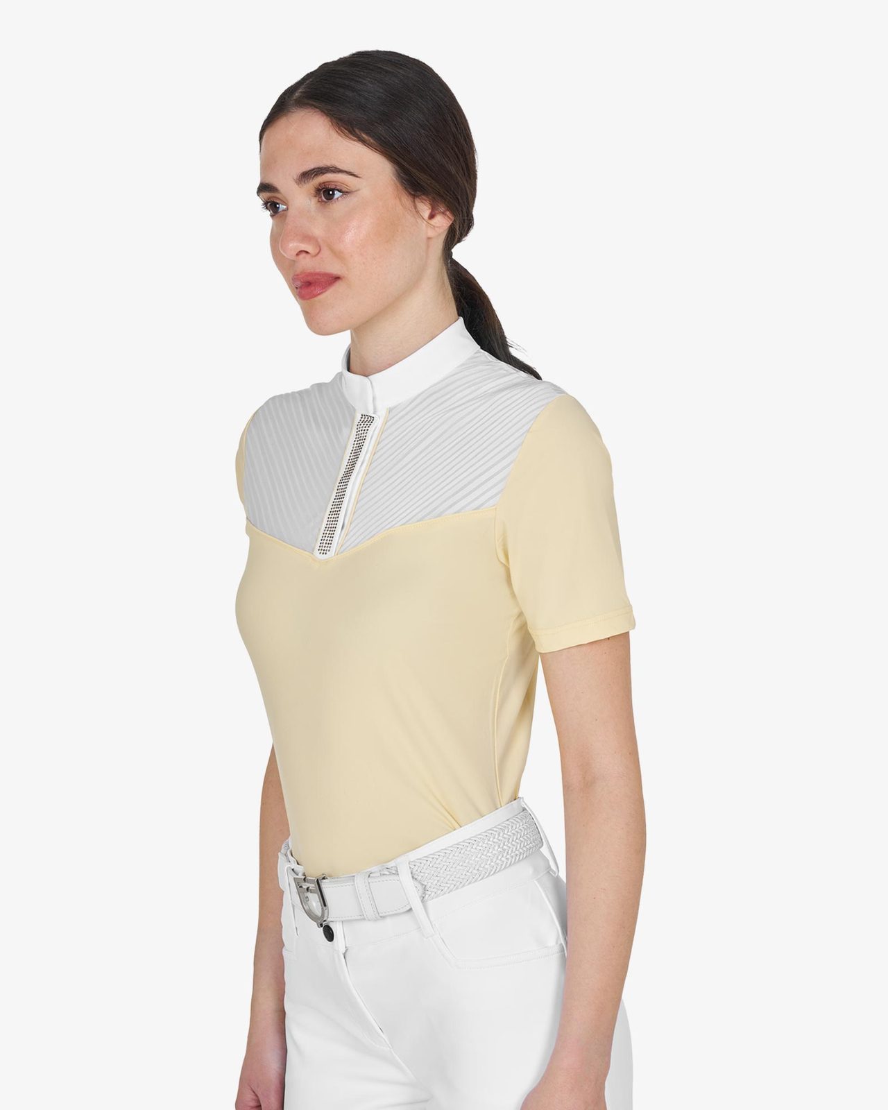 Polo concorso donna slim fit con inserti in tessuto simil seta
