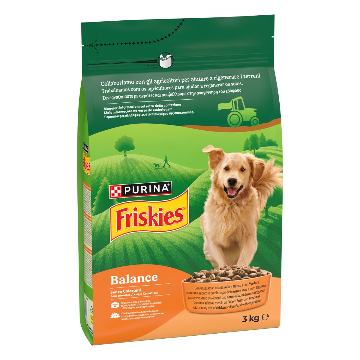 PURINA FRISKIES® Balance crocchette per cani adulti con un gustoso mix di Pollo e Manzo e con Verdure in confezione da 3kg