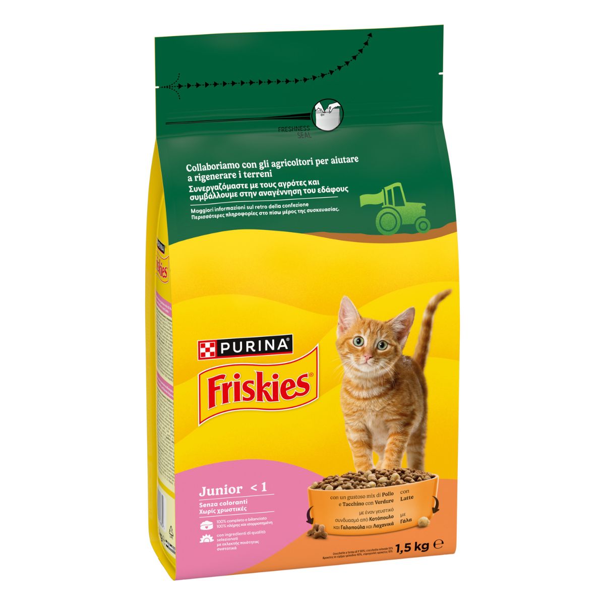 PURINA FRISKIES® Junior con un gustoso mix di Pollo e Tacchino, con Latte e con Verdure in confezione da 1,5kg