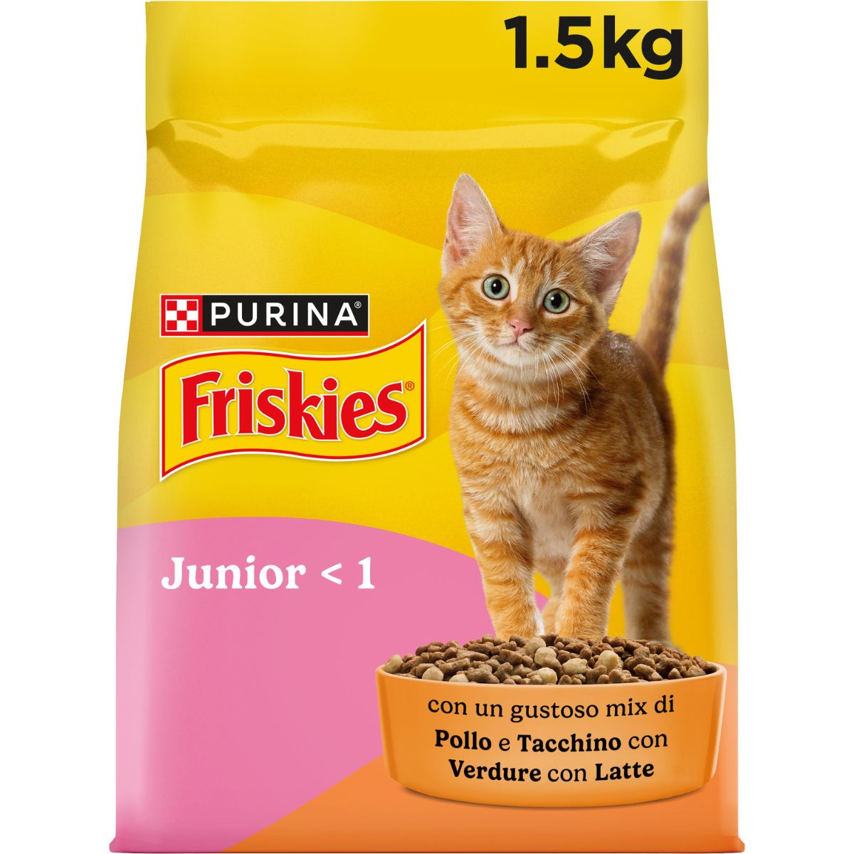 PURINA FRISKIES® Junior con un gustoso mix di Pollo e Tacchino, con Latte e con Verdure in confezione da 1,5kg