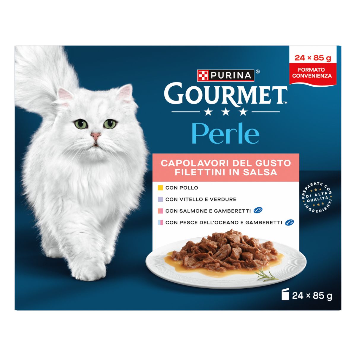 GOURMET PERLE 24x85g Selezione: Capolavori del Gusto (Pollo / Vitello con Verdure / Salmone & Gamberetti /Pesce dell'Oceano & Gamberetti ) 6x Varietà