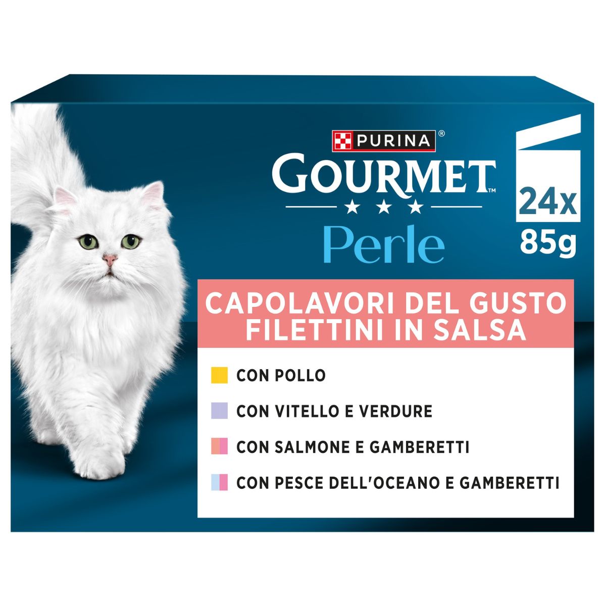 GOURMET PERLE 24x85g Selezione: Capolavori del Gusto (Pollo / Vitello con Verdure / Salmone & Gamberetti /Pesce dell'Oceano & Gamberetti ) 6x Varietà