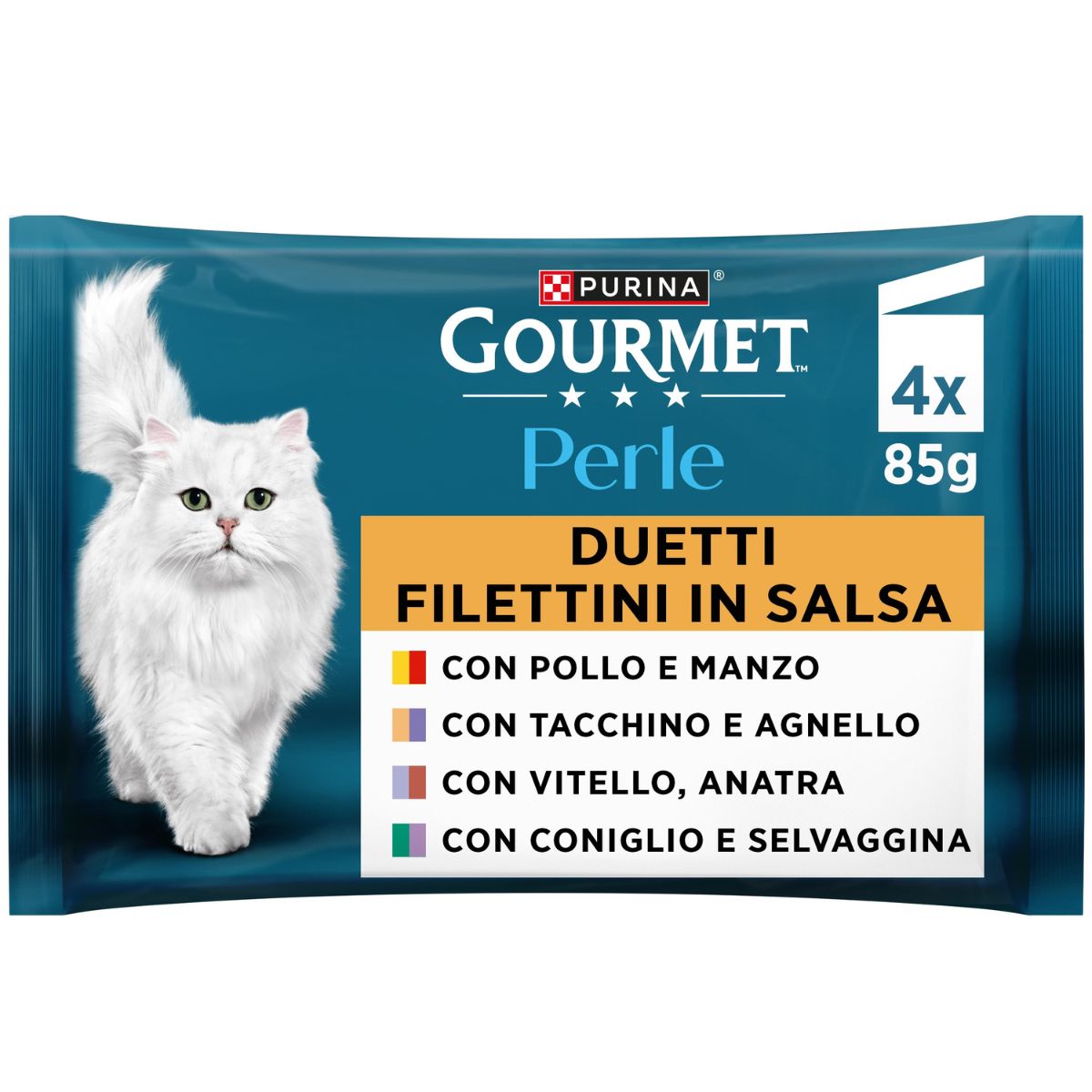 GOURMET PERLE 4x85g Duetti Filettini in Salsa (Manzo & Pollo / Tacchino & Agnello /  Vitello & Anatra, / Coniglio & Selvaggina)