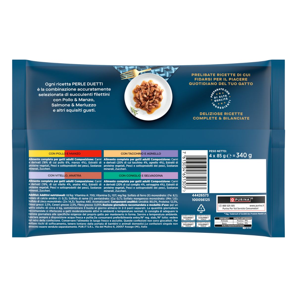 GOURMET PERLE 4x85g Duetti Filettini in Salsa (Manzo & Pollo / Tacchino & Agnello /  Vitello & Anatra, / Coniglio & Selvaggina)