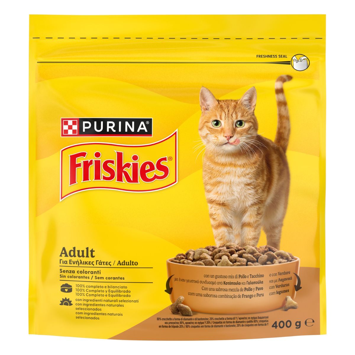 PURINA FRISKIES® Adult crocchette per gatti adulti con un gustoso mix di Pollo e Tacchino e con Verdure in confezione da 400g