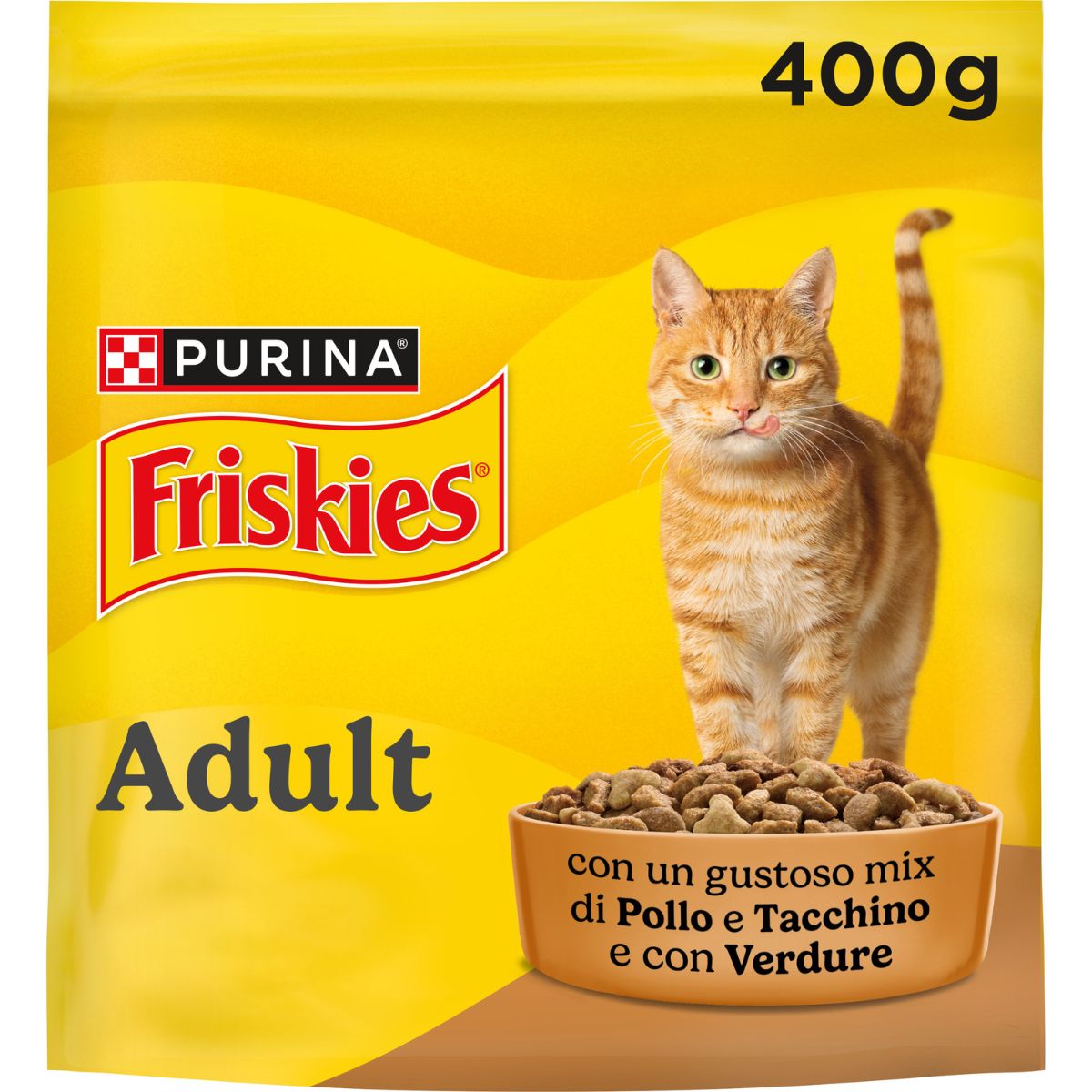 PURINA FRISKIES® Adult crocchette per gatti adulti con un gustoso mix di Pollo e Tacchino e con Verdure in confezione da 400g
