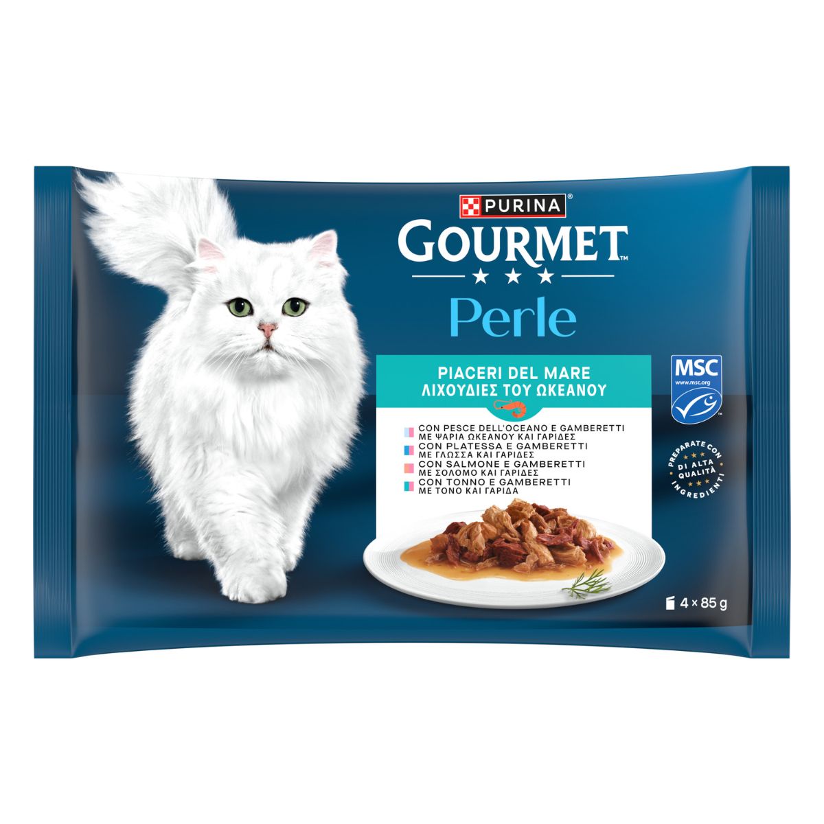 GOURMET PERLE 4x85g Piaceri del Mare Filettini in Salsa (Pesce dell'Oceano, Platessa, Salmone, Tonno con Gamberetti) 2023