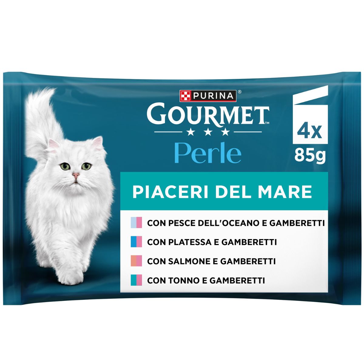 GOURMET PERLE 4x85g Piaceri del Mare Filettini in Salsa (Pesce dell'Oceano, Platessa, Salmone, Tonno con Gamberetti) 2023