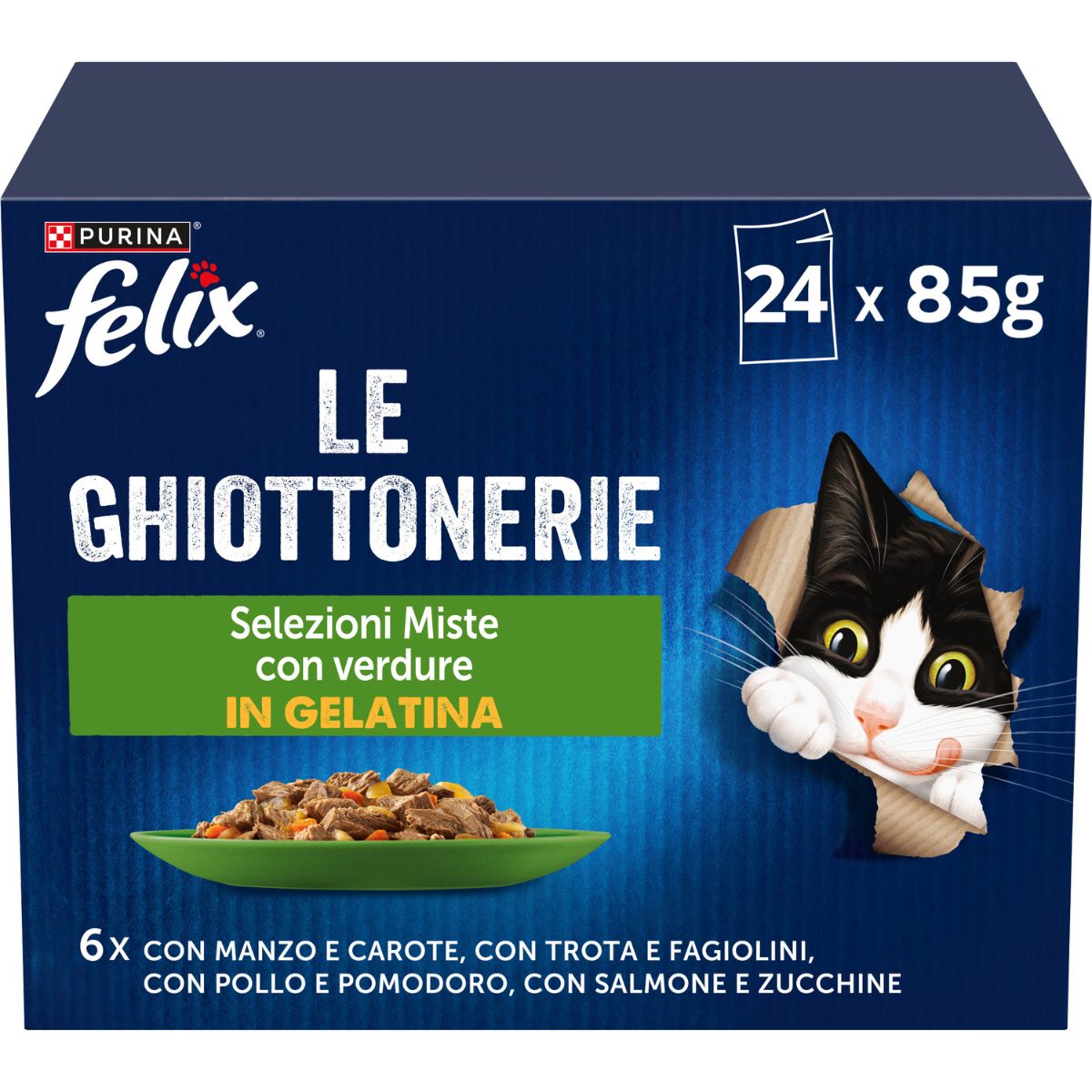 Felix Ghiottonerie 24x85g Selezioni Miste con Verdure - ManzoCarote/TrotaFagiolini/PolloPomodoro/SalmoneZucchine