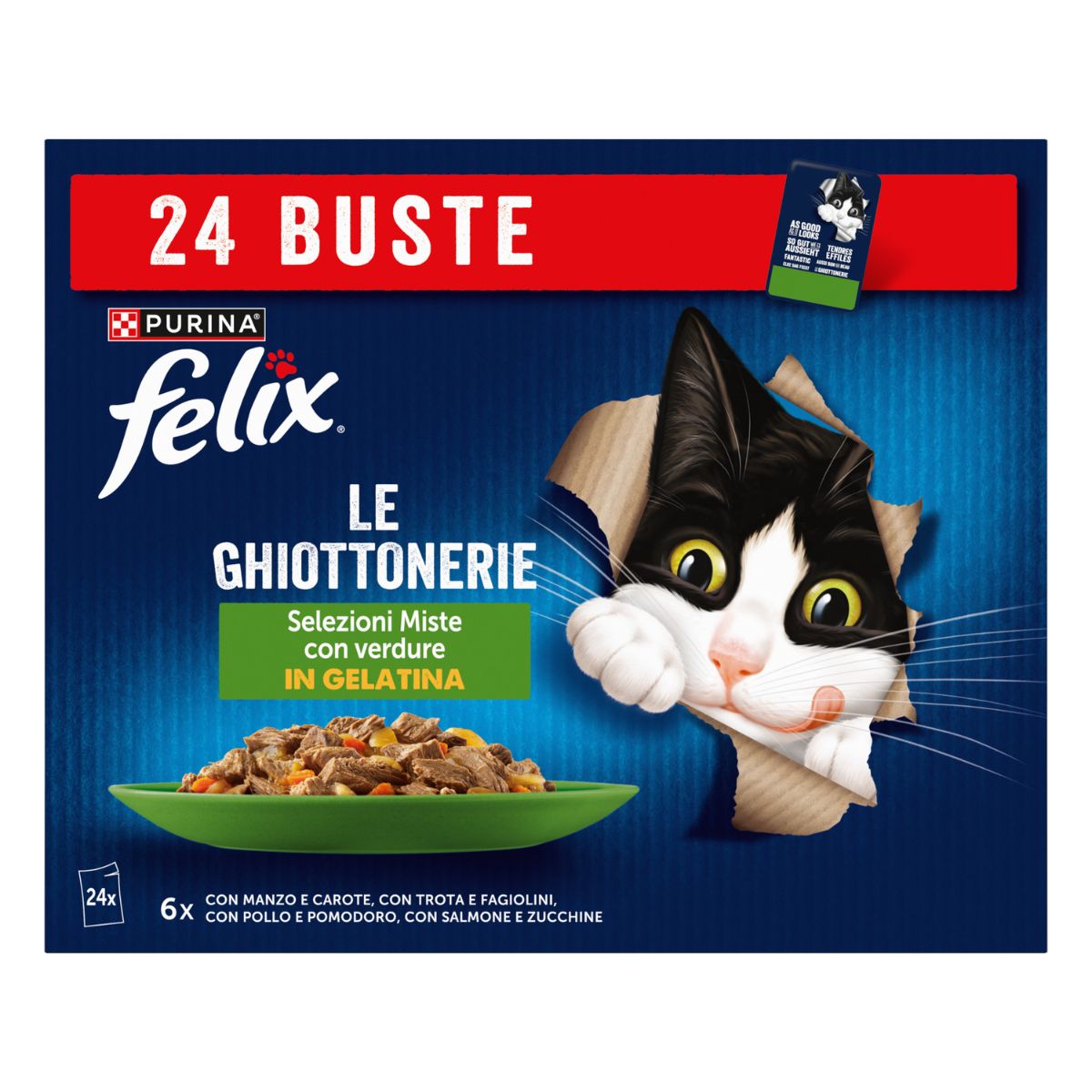 Felix Ghiottonerie 24x85g Selezioni Miste con Verdure - ManzoCarote/TrotaFagiolini/PolloPomodoro/SalmoneZucchine