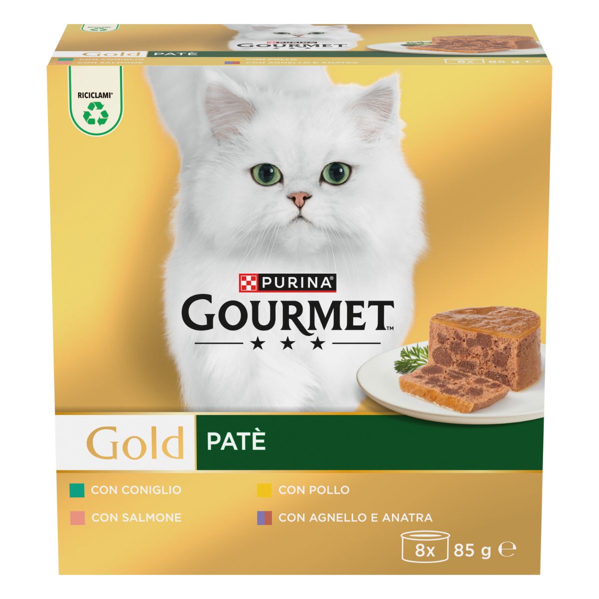 GOURMET GOLD 8x85g Patè (Pollo, Salmone, Coniglio, Agnello & Anatra)