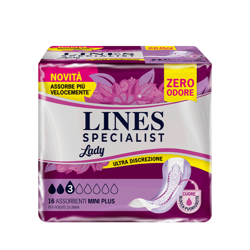 Acquista online Lines Specialist Mini PlusUltra Mini | Linea prodotto Leggere e Medie per donna. Lines Specialist, prodotti per perdite di urina Assorbenti Femminili Lady Mini Plus