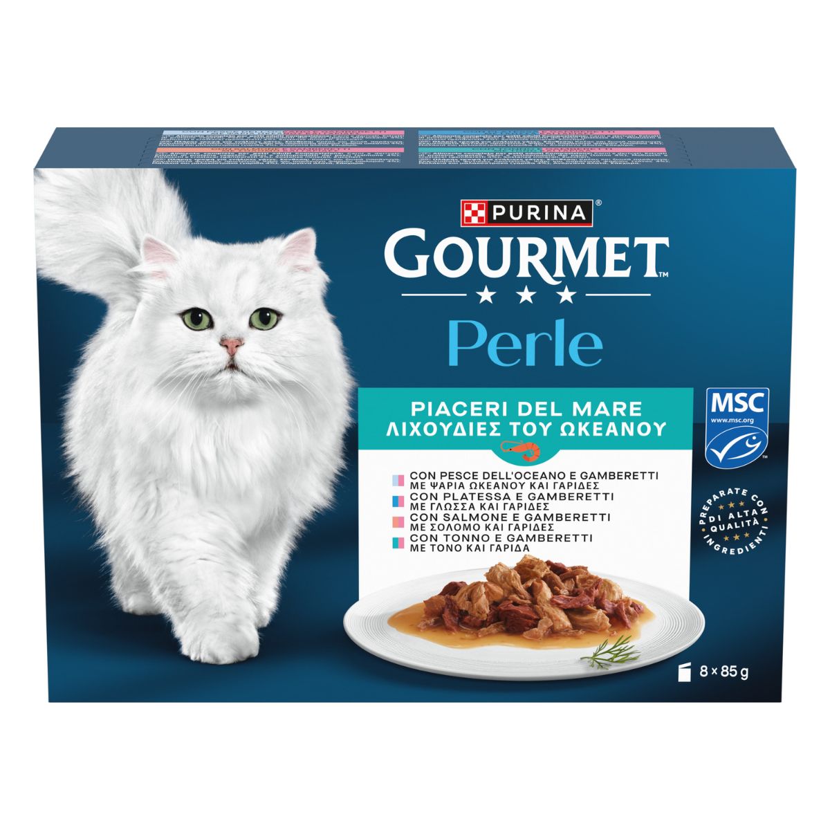 GOURMET PERLE 8x85g Piaceri del Mare Filettini in Salsa (Pesce dell'Oceano, Platessa, Salmone, Tonno con Gamberetti) 2023