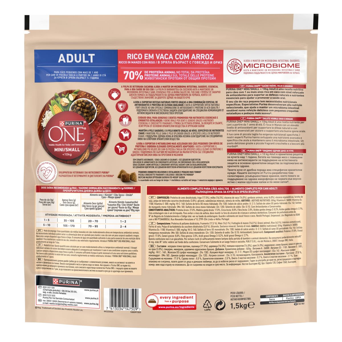PURINA ONE® MINI/SMALL < 10kg Adult Ricco in Manzo, Con Riso