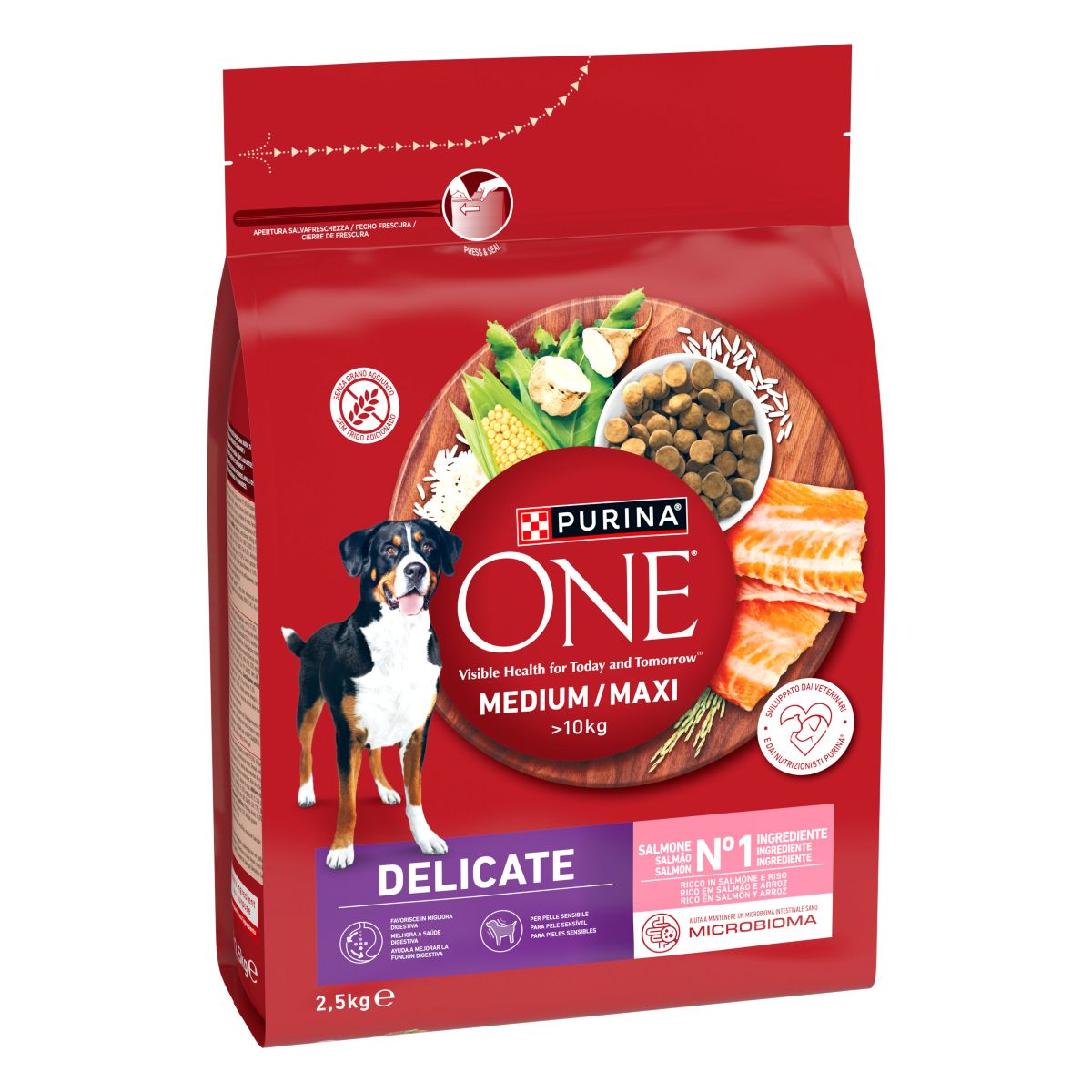 PURINA ONE® Medium / Maxi > 10kg Delicate, Ricco in Salmone e Riso