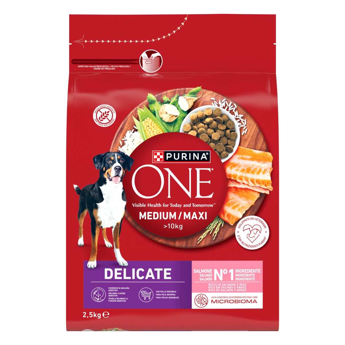 PURINA ONE® Medium / Maxi > 10kg Delicate, Ricco in Salmone e Riso